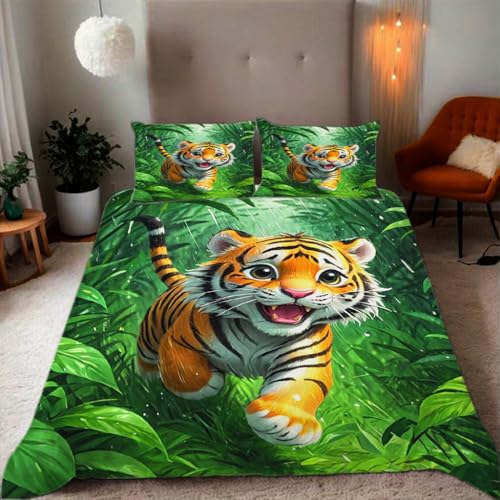 Zbeiba Bettwäsche 135x200 Tropischer Regenwald-Baby-Tiger Muster 3D Drucke geeignet für Teenager Kinder Bettwäsche-Set Mikrofaser Bettbezug Mit Reißverschluss Und 2 Kissenbezug (135x200+2 * 80x80,#7