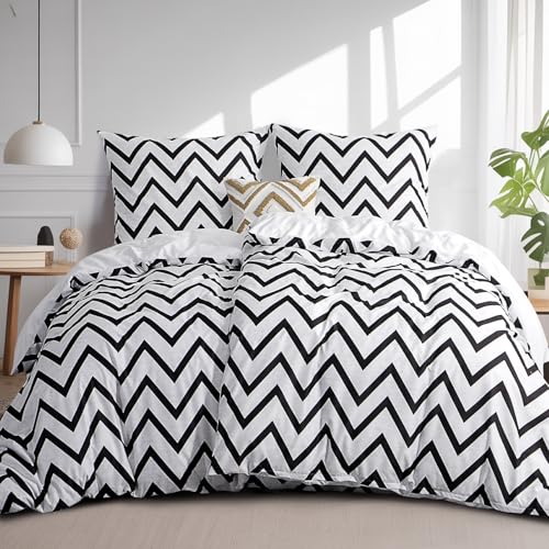 RUIKASI Bettwäsche 135x200 Chevron 4teilig - Schwarz Weiß Bettbezug 135 x 200, Mikrofaser Bettwäsche-Sets mit 2 Kissenbezügen 80x80cm Reißverschluss, Weich und Bügelfrei
