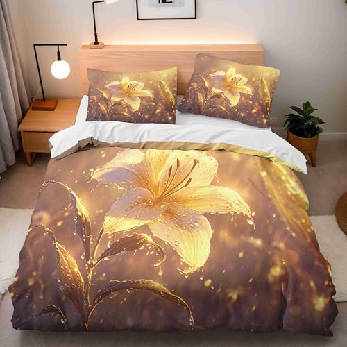 Bettwäsche 200x200 cm 3 Teilig + 2 Pillowcases 80x80 Bettbezug Goldene Blume Pflanzen Exquisites Muster 3D Design Mikrofaser Winter Bettwäsche Flauschig Bettwäsche Set Dekoration für Schlafzimmer