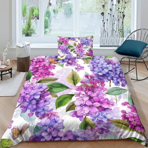 kaiyun Aquarell-Flieder Bettwäsche-Set, Bettbezug Single?135x200cm?,mit Kissenbezüg Und Reißverschlusse 3D Druck Für Erwachsene Kinder