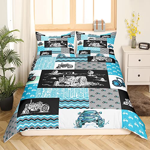 BAU Traktor 135x200 Bettwäsche Jungen Kinder Bagger Tröster Abdeckung Blaue LKW Bettwäsche Set Geometrie Streifen Patchwork Bettbezug Kleinkind Mädchen Cartoon Cool Digger Bettdecke,1 Kissenbezug