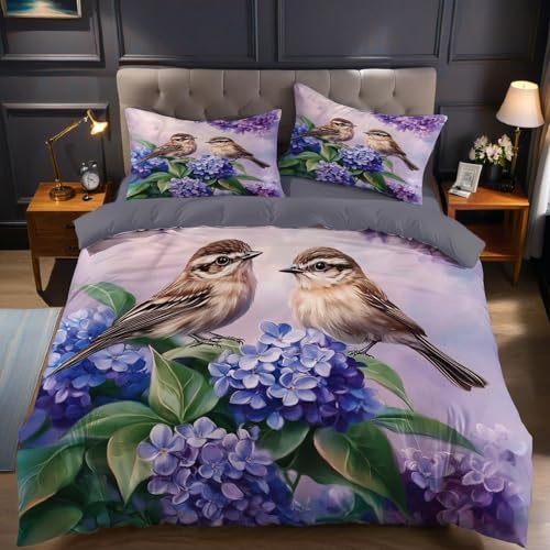 Bettbezug 135 x 200 cm Blumen Flieder und Meise Bettwäsche Set Mikrofaser weich atmungsaktiv für Jugendliche mit Reißverschluss und Kissenbezug 80 x 80 cm