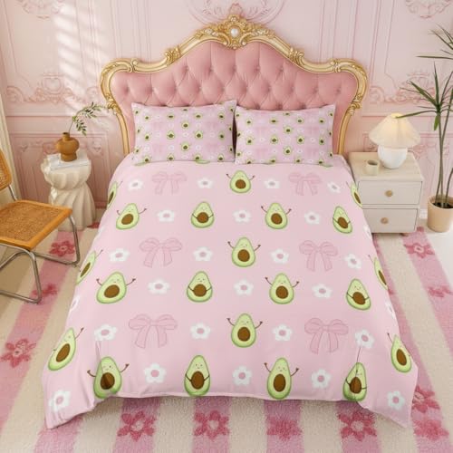 feelingyou Süße Avocado Kinder Bettdecke L Größe Prinzessin Mädchen Schleifenknopf Druck Weiche Polyester Decke Abdeckung Pink Romantic Lovely Flowers Fruits Bettwäsche Set(2 Kissenbehälter)