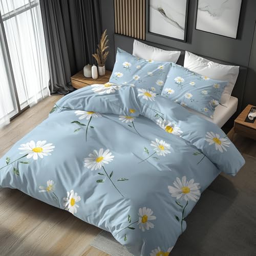 Generisch Gänseblümchen Bettwäsche 155x220 2er Set Mit Blümchen Blau Weiß Blumen Muster Bettbezug Set Bügelfreie Bettwäsche Mit Reißverschluss, Kissenbezug, Gänseblümchen Deko