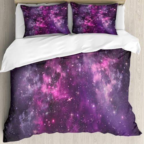 MJNLYDAO Sleeptime 100% Baumwolle Bettwäsche - Bettbezüge mit Reißverschluss - Set mit 2 Kissenbezüge,Tiefe dunkle Gaswolke violetter Nebel im Weltraum mit Gala Smart Sternhaufen,228x264 cm