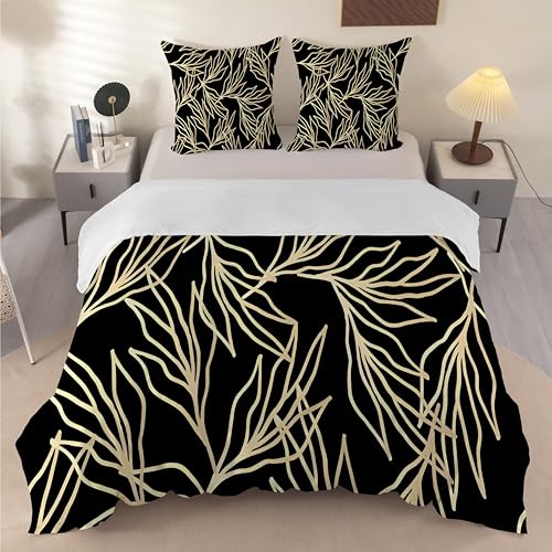 SYHIEGO Bettwäsche Set 135x200 cm mit 2 Kissenbezügen 80x80 cm, Goldener Farn und Radiale Linien Muster, Mikrofaser Bettbezug für Doppelbett, mit Reißverschluss -AAb47
