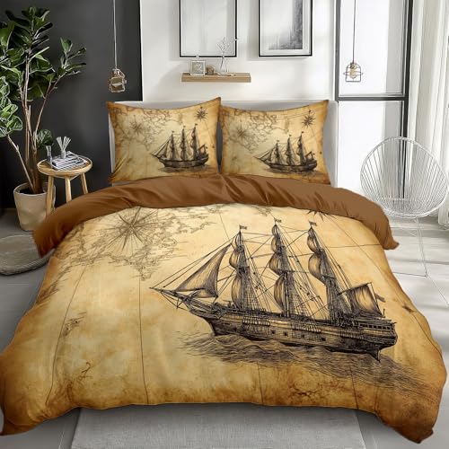 Quixora Bettwäsche 155 x 220 cm Wende Bettbezug Set 3 Teilig, Dunkelgrau, Muster Vintage-Schatzkarte eines Piraten, Weiche Microfaser Bettbezug mit Reißverschluss und 80x80cm Kissenbezug