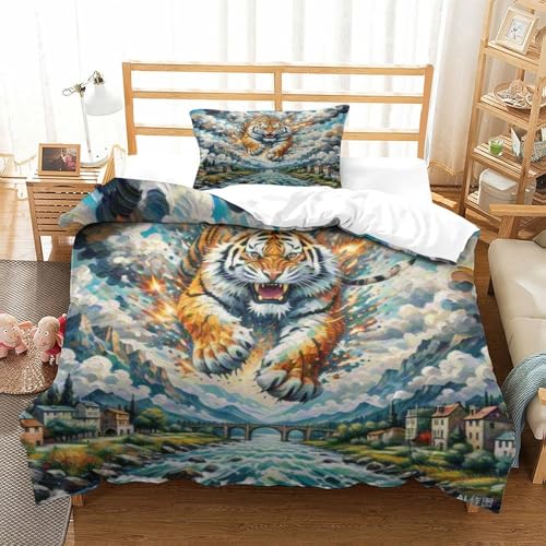 PXBDUASIE Tiger Bettbezug Set Bettwäsche Kinderbettwäsche Reißverschluss Mit Kissenbezügen Betten Set Für Jugendliche Kinder Schlafzimmer Single?135x200cm?