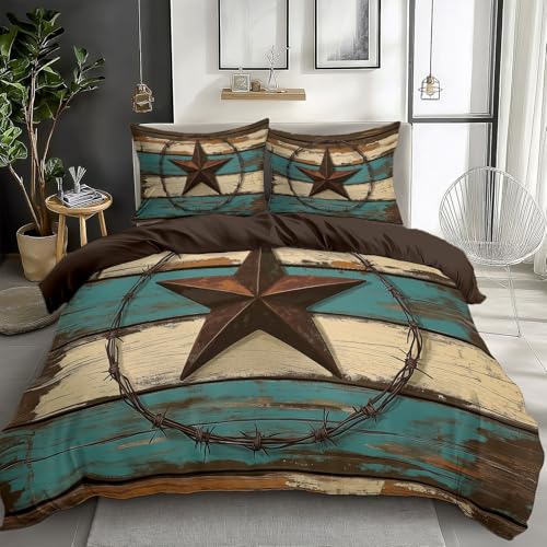 CozyRest Bettwäsche Set Rustikales Holz Vintage-Fünfzackstern Bräunen, 155 x 220 cm Bettbezug, Mikrofaser Wendebettwäsche mit Reißverschluss, 2 Kissenbezüge 80x80 cm, Weich & Pflegeleicht, Einzelbett