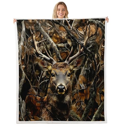 Loussiesd Camouflage Decke 100x130cm Netter Hirsch Wohndecke für Kinder Mädchen Jungs Dekor Hirsch Jagd Flanell Fleecedecke Mikrofaser Camo Couchdecke Military Style Bettwäsche