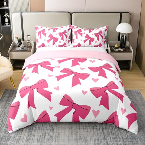 Loussiesd Kinder Mädchen Rosa Bogenknoten Baumwolle Bettwäsche Set 135x200cm Rosa Bogen Liebe Herzen Prinzessin Bettbezug Mädchen Aquarell Bogen Betten Schmetterling Knoten Bettwäsche-Set