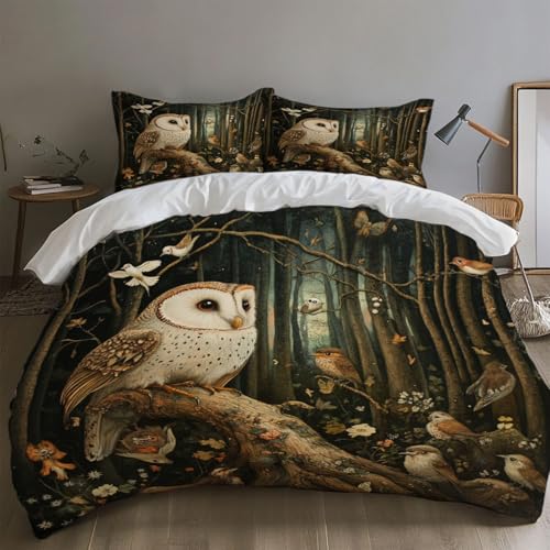 SKOEUI Bettwäsche 155x220 cm 3Teilig Tier Eule Bettwäsche-Sets Bügelfrei Microfaser Bettbezug mit Reißverschluss Allergiker Bettdeckenbezug mit 2 mal Kissenbezug 80x80 cm Braun