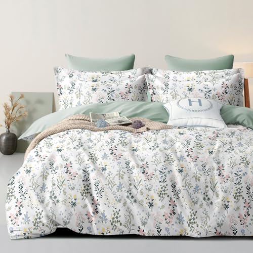 Nesture Bettwäsche 140x200 Blumen Grün Blätter, Bettwäsche-Sets Microfaser frühling Bettbezug 140 x 200 cm 2teilig bügelfrei & weich - 1 Deckenbezug und 1 Kissenbezug 80x80 mit Reißverschluss