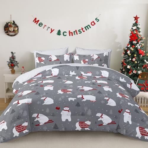 WONGS BEDDING Weihnachts Bettwäsche 135x200 2 Teilig, Eisbären Bettbezug Weich Mikrofaser Bettwäsche-Set mit Reißverschluss und Kissenbezug 50x75 cm, Grau