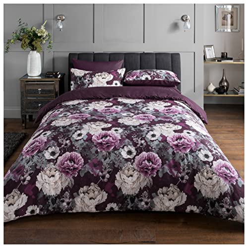 Sleepdown Bettwäsche-Set mit Blumenmuster, pflegeleicht, weich, kuschelig, wendbar, 155 x 220 cm + 2 Kissenbezüge 80 x 80 cm, Violett, Polycotton, 155 x 220cm + 2 x 80 x 80cm