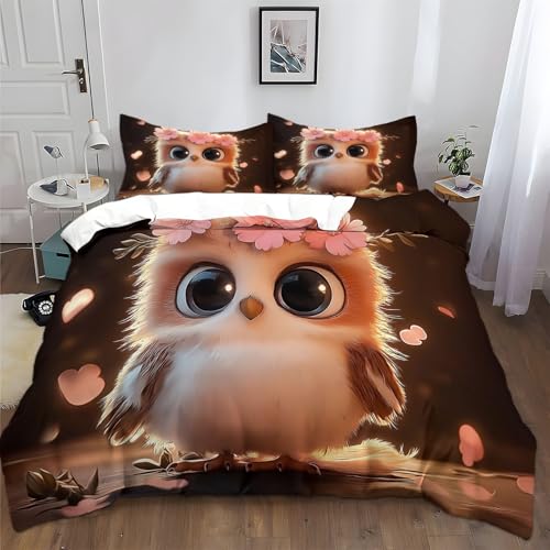 Bettbezug 135 x 200 cm und 2-Kissenbezüge 80 x 80 cm, Tier Süße Kleine Eule Muster Bettwäsche Set, Braun Weiche Mikrofaser Bettbezug für Kinder Jungen Mädchen Erwachsene Zimmerbett