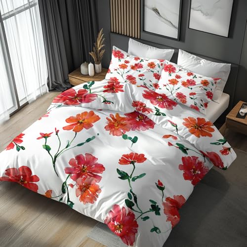 Generisch Bettwäsche Rot Blumen 2tlg, Deckenbezug 135x200, 1 Kissenbezug 80x80, Aquarell Blümchen Wendebettwäsche & Deko, Weiche Mikrofaser Bettbezug Set mit Reißveschluss sdw108
