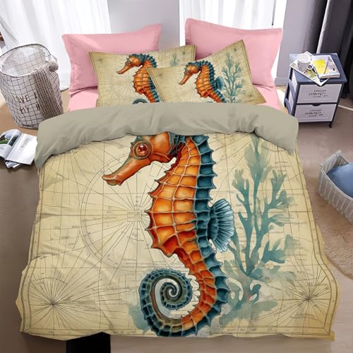 WunM Studio Bettwäsche 135 * 200cm grau Meerestiere Bettbezug Set 3 Teilig Vintage Karte Seepferdchen Blümchen Blumenmuster Weich Bettwäsche-Sets mit 2 Kissenbezüge 80x80 cm und Reißverschluss