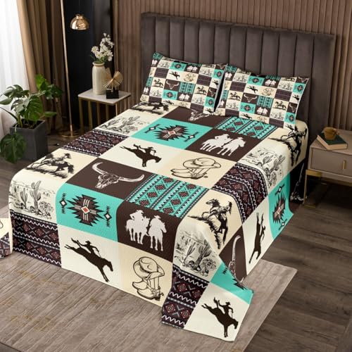 Manfei Western Cowboy Tagesdecke S Größe,Kuh Schädel Wüste Kaktus Bettwäsche,Rustikale Azteken Tribal gestreifte Tröster Set,Kinder Teens Zimmer Dekor,Braun Türkis geometrische Plaid Quilt Coverlet