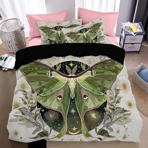 Bettwäsche 200*200cm Gold Tierisches Mondfalter-Muster Bettbezug Set 3 Teilig Himmelskörper und der Mond Blümchen Blumenmuster Weich Bettwäsche-Sets mit 2 Kissenbezüge 80x80 cm und Reißverschluss