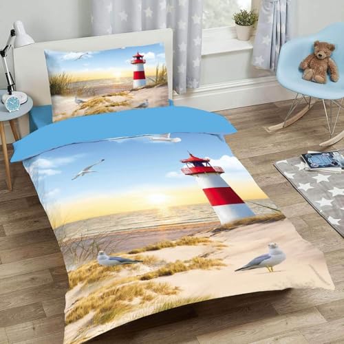 BJCJGGL Bettwäsche 220x240 Leuchtturm MöWe Bettwäsche-Set mit Reißverschluss Schließung und 2 Kopfkissenbezug 80x80 cm - Weicher Atmungsaktive Mikrofaser Bettbezug für Erwachsene Kinder
