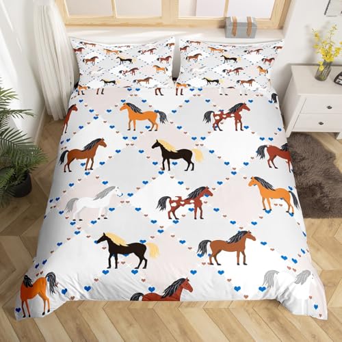 Homewish Pferd Bettwäsche 135X200 Kinder, Geometrisches Muster Bettbezug Set für Mädchen Jungen, Blaue Kleine Herzverzierung Karierter Weich Atmungsaktive Bett Set Mit 1 Kissenbezug