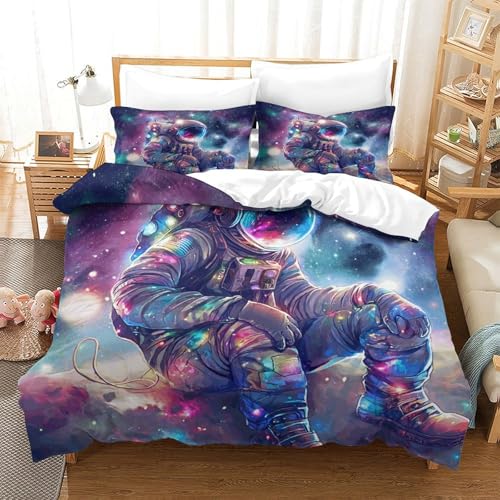 ENYISIYULO Bettwäsche Astronaut 3teilig 3D Drucken Weiche BettwäSche Set Mikrofaser Bettbezug Und 2 Kissenbezug Für Mädchen Junge Kinder Double?200x200cm?