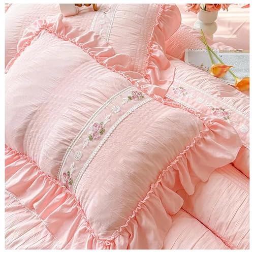 Hueborne 2er-Pack Kissenbezüge mit Rüschen, dekorative Kissenbezüge mit Blumenstickerei, weiche Bettwäsche aus gewaschener Baumwolle mit Hotelverschluss for Schlafzimmer, Wohnzimmer(Pink)