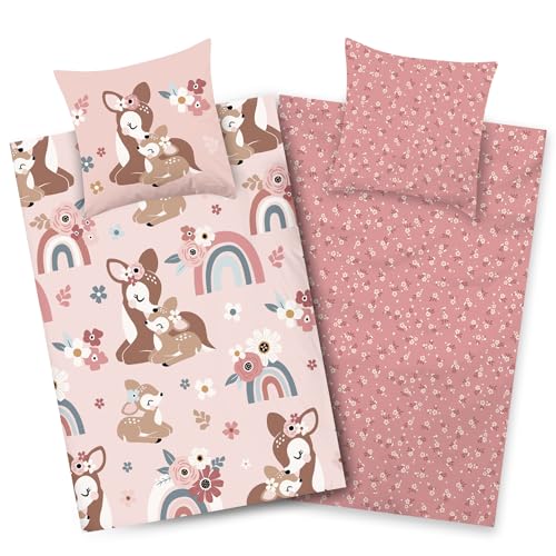 Aminata kids Bettwäsche 135x200 Baumwolle Kinder Mädchen REH-Kitz Waldtiere Tier-Motiv mit Regenbogen rosa braun YKK Reißverschluss