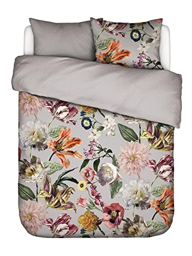 ESSENZA Bettwäsche Filou Grey Satin Grau Blumen Blüten Dahlien Tulpen Floral Geblümt Sterne, Größe:200 cm x 200 cm