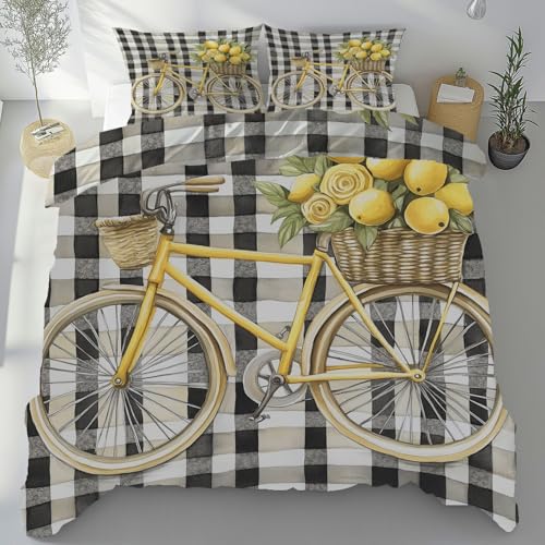Sshjfeu Fahrrad Zitrone Bettwäsche 220x240 cm mit 2 Kissenbezug 80x80 cm, Jahrgang Büffelkaro Wendebettwäsche Mikrofaser bügelfrei, Romantisch Eleganter Bettwäsche-Sets mit Reißverschluss 3 Teilig