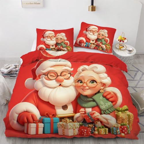 Weihnachten Rot Bettwäsche 135x200cm mit Reißverschluss 3D Druck Weihnachtsmann Weihnachtsmann Bettbezug 3 teilig flauschig weich Mikrofaser Bettwäsche Set mit 2 Kissenbezug 80x80cm
