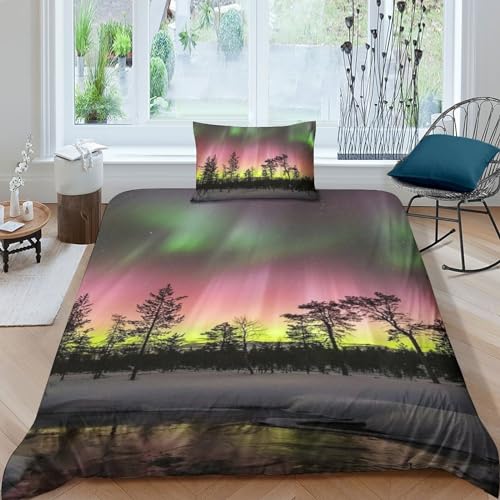 Aurora Borealis Bettwäschegarnitur 3D Gedruckter Natürliche Landschaften Bettbezug Set Mädchen Junge Kinder Bettwäsche Weich Microfaser Reissverschluss Und Kissenbezüge 2 Teilig Single?135x200cm?