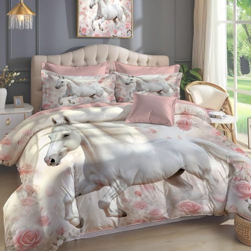 MULERN Bettwäsche 3 Teilig Bettbezug, Weißes Pferd Rose Bettwäsche Sets 135X200Cm Mit 1 Kissenbezug 80X80 cm Mit Reißverschluss, Atmungsaktive Weich Bettwäsche Set Traum