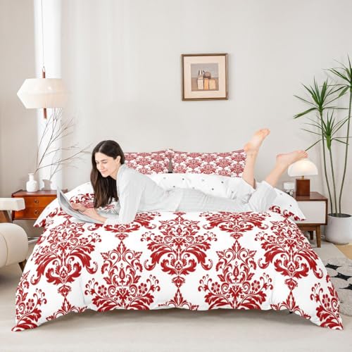 feelingyou Rote Vintage Damask Blumen Kinder Bettdecke L Größe orientalische Antike Weiche Polyester Decke Abdeckung gotisch böhmisch Vintage barock gotisch Bettwäsche Set(2 Kissenbehälter)