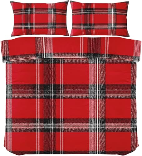 Generisch Bettwäsche 200x200 Rot Kariert Bettbezug 200x200 3 Teilig Schwarze Streifen Bettwäsche-Sets 3D Muster Weiche Mikrofaser Bettbezüge mit 2 Kissenbezug 80x80 cm D1946