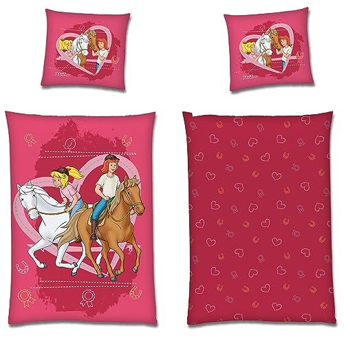 Bibi und Tina Kinder Bettwäsche Herz Rot 135 x 200 + 80 x 80 cm 100% Baumwolle Renforcé-Linon-Qualität Blocksberg Amadeus Sabrina Pferde-Bettwäsche Martinshof mit Reißverschluss Deutsche Größe