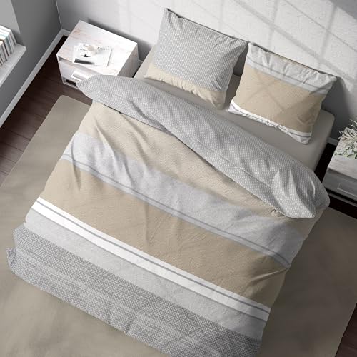 DILIOS Premium Bettwäsche 200x200 – 100% Baumwolle, ÖKO-TEX Zertifiziert, Renforcé, Atmungsaktiv & Antiallergisch, mit Reißverschluss, 3teilig – Bettbezug + 2X Kissenbezug 80x80, Grau, Braun, Beige