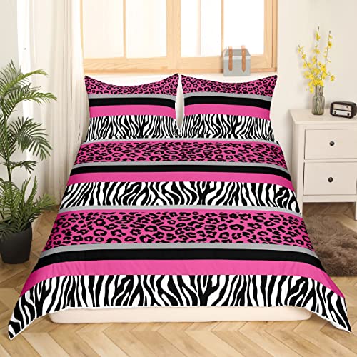 Loussiesd Zebra Streifen Bettwäsche Leopard Für Kinder Jungen Mädchen Bettwäsche Set 135x200 Rosa Schwarz Weiß Zebra Leopard Pelz Tröster Bettbezug Ultra Weiche Wildtier Haut Textur