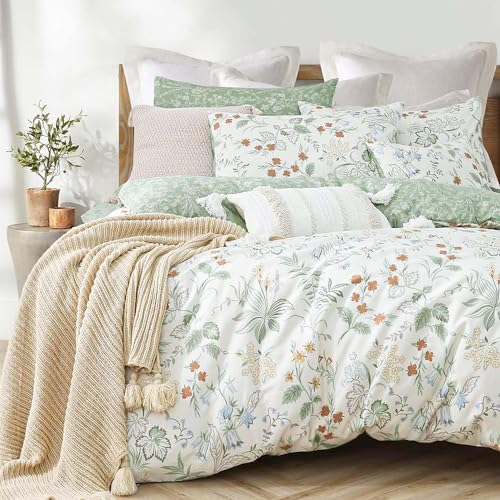 Lanqinglv Bettwäsche 200x200cm Grün Weiß Blätter Blumen Muster Pflanzen Wende Bettwäsche Set Bunt Microfaser Renforce Bettbezug mit Reißverschluss und 2 Kissenbezug 80x80 cm