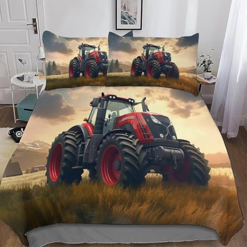 Traktor 3 Teilig Bettwäsche-Sets 155x200 Rasen Bettwäsche 3D Drucken Weiche Komfortabel Microfaser Bettbezug mit Reißverschluss mit 2 Kissenbezüge 80x80 2090-C