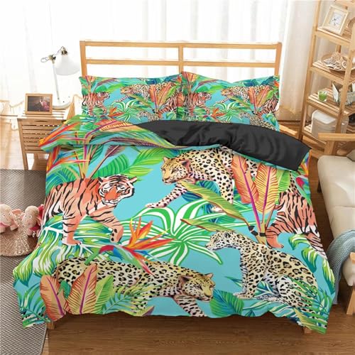 BJCJGGL Bettwäsche 200x220 GrüNer Tiger Leopard Bettwäsche-Set mit Reißverschluss Schließung und 2 Kopfkissenbezug 80x80 cm - Weiche Angenehme Mikrofaser Bettbezug für Erwachsene Kinder