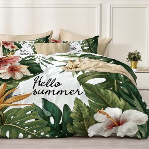 Bettwäsche 135*200cm Mintgrün  Hallo Sommer  Worte Bettbezug Set 3 Teilig tropische Pflanzenpalmenblätter Blümchen Blumenmuster Weich Bettwäsche-Sets mit 2 Kissenbezüge 80x80 cm und Reißverschluss