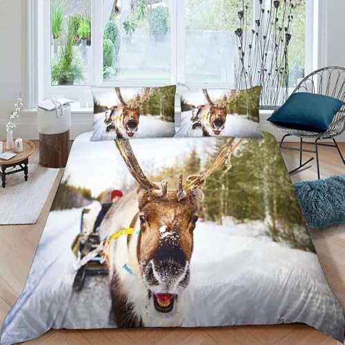 Bettwäsche 155x220 cm Hirsch 3 Teilig Bettbezug 155 x 220 Verschneite Landschaften Bettwäsche-Sets 3D Weiche Mikrofaser Bettbezug Set mit Reißverschluss + 2 Kissenbezüge h-3004