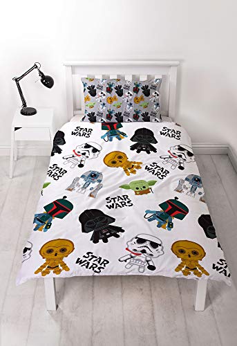 Character World Star Wars Bettbezug für Einzelbett, offizielles Lizenzprodukt, wendbar, zweiseitiges Minis-Design, mit passendem Kissenbezug, Yoda, Darth Vader, CP30 & R2-D2, Polyester, Weiß