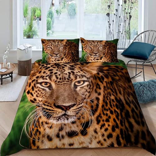 MOXINO 3D Leopard Bettwäsche 155x220 cm 3teilig Leopard Bettwäsche für Teenager Leicht Mikrofaser Bettbezug Sommer Weiche Bettbezüge mit 2 Kissenbezüge 50x75?Muster 37-19?