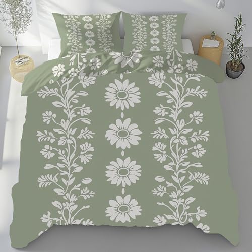 Blumen Pflanzen Bettwäsche Set 155x220 cm mit 2 Kissenbezüge 80x80 cm, Landhausstil Idyllische Wendebettwäsche Weich Atmungsaktiv mit Reißverschluss Bettbezug Mikrofaser bfs166