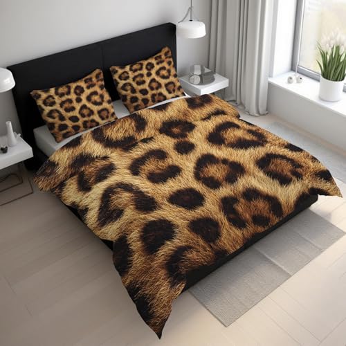 Generisch Bettwäsche 200x200cm Leopardenmuster 3-Teilig, Bettbezug Gepard Leopard Soft Angenehm Bettwäsche-Sets Mikrofaser, mit Reißverschluss + 2 Kissenbezüge L-62