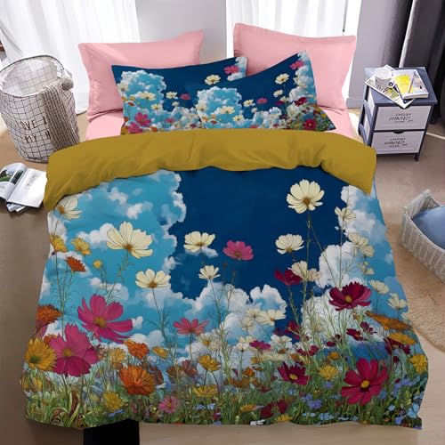 Bettwäsche 135*200cm Waldgrün Kosmeen-Gänseblümchen Bettbezug Set 2 Teilig und zarter Blumendruck Blümchen Blumenmuster Weich Bettwäsche-Sets mit 1 Kissenbezüge 80x80 cm und Reißverschluss