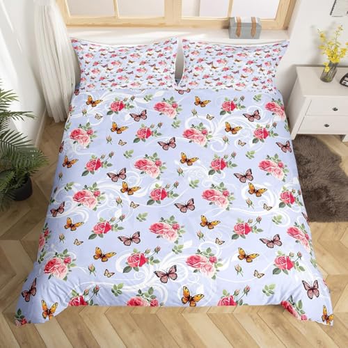 Rosenfalter Bettwäsche 155x200 Romantischer Landhausstil 3D Bettbezug Weich Mikrofaser Bettwäsche-Sets 3 Teilig mit 2 Kissenbezüge 80x80 für Mädchen Jugendliche Einzelbett u.3327